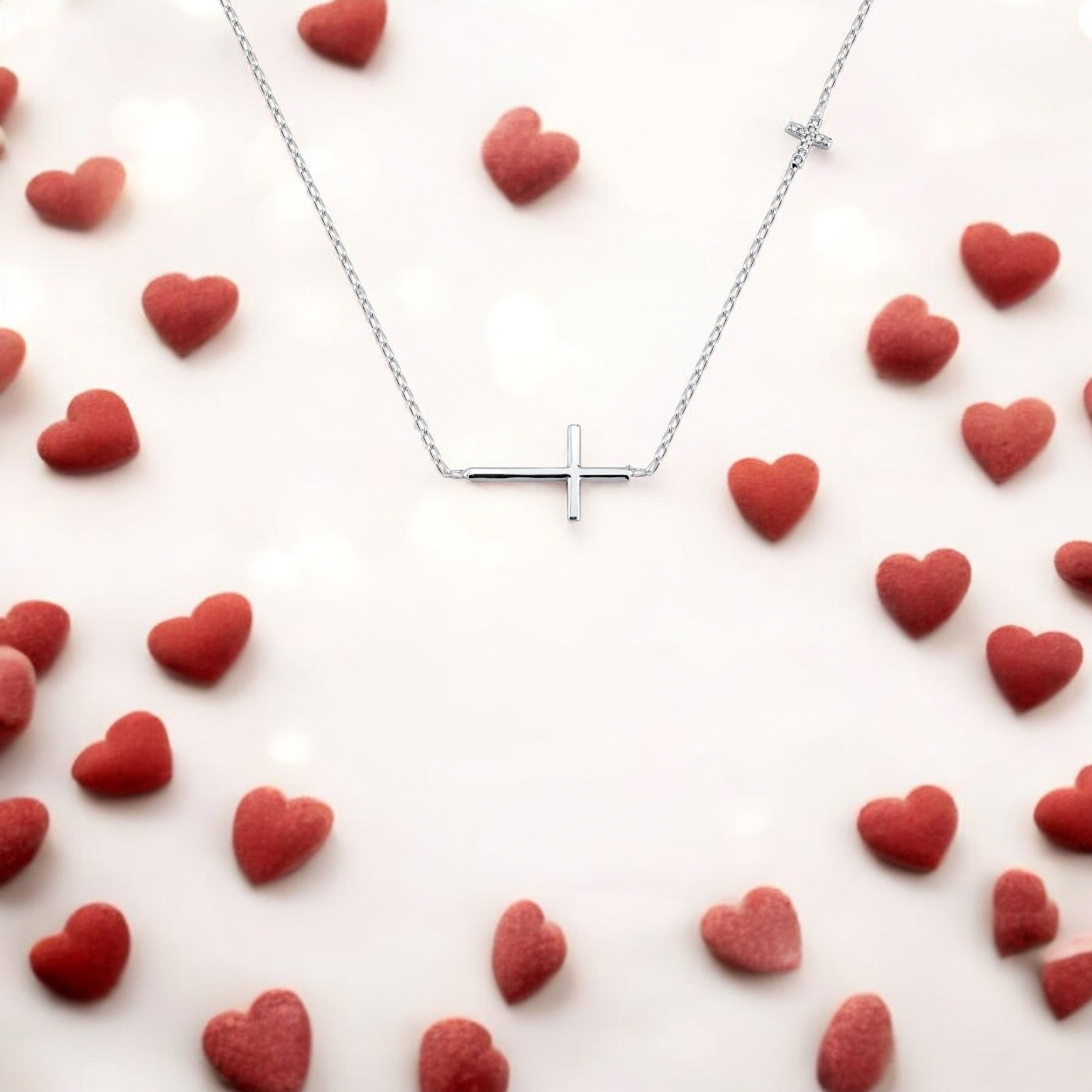 Colar Duas Cruzes com Zircônia Cristal em Prata 925 – 40cm + Extensor
