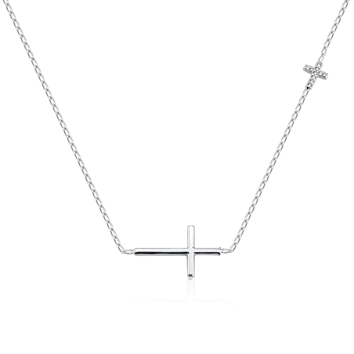 Colar Duas Cruzes com Zircônia Cristal em Prata 925 – 40cm + Extensor