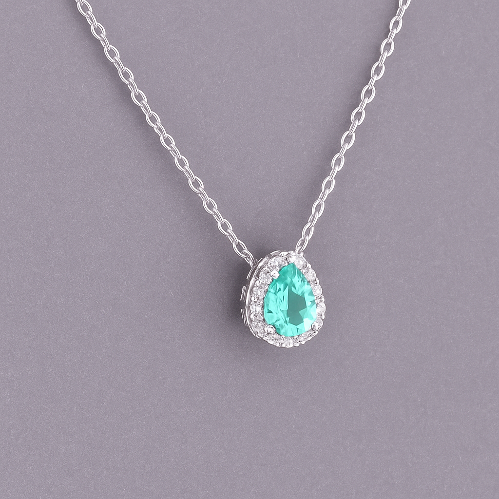 Colar Halo Ring Gota Aqua Marine – Zircônia 6x8 mm em Prata 925 | 45cm + Extensor
