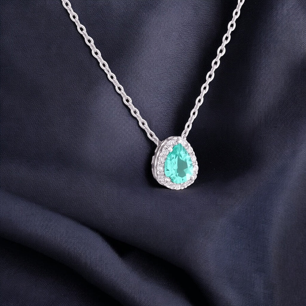 Colar Halo Ring Gota Aqua Marine – Zircônia 6x8 mm em Prata 925 | 45cm + Extensor