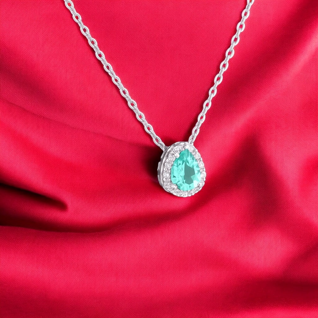 Colar Halo Ring Gota Aqua Marine – Zircônia 6x8 mm em Prata 925 | 45cm + Extensor