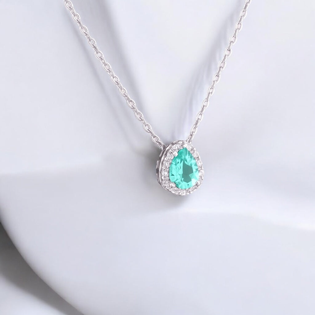 Colar Halo Ring Gota Aqua Marine – Zircônia 6x8 mm em Prata 925 | 45cm + Extensor