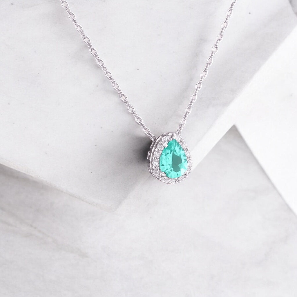 Colar Halo Ring Gota Aqua Marine – Zircônia 6x8 mm em Prata 925 | 45cm + Extensor