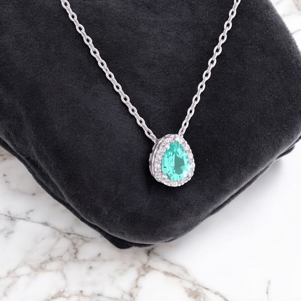 Colar Halo Ring Gota Aqua Marine – Zircônia 6x8 mm em Prata 925 | 45cm + Extensor