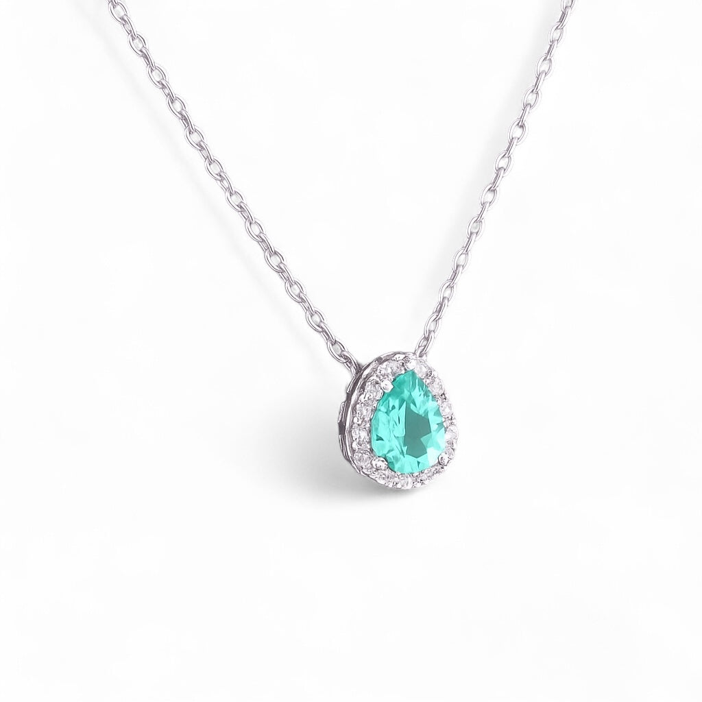 Colar Halo Ring Gota Aqua Marine – Zircônia 6x8 mm em Prata 925 | 45cm + Extensor