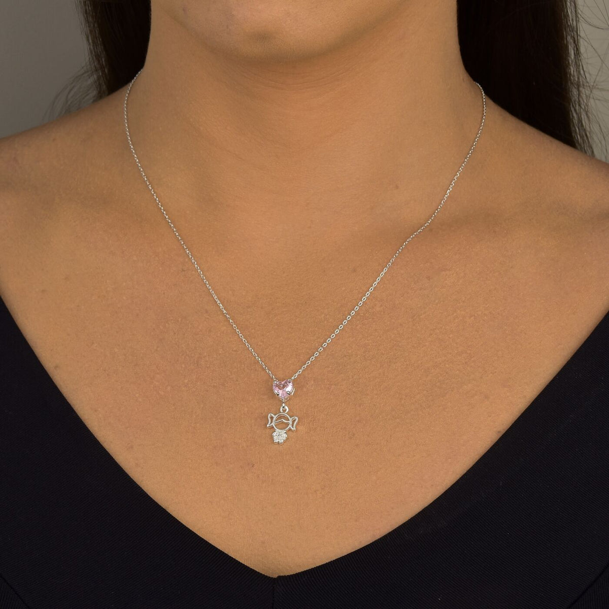 Colar Menina com Coração de Zircônia Rosa 6mm – Prata 925 | 40cm + Extensor