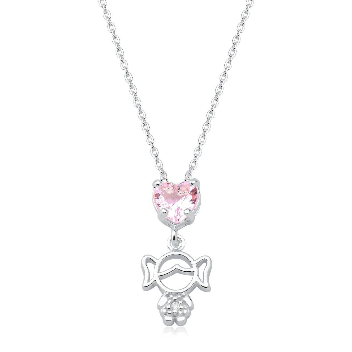 Colar Menina com Coração de Zircônia Rosa 6mm – Prata 925 | 40cm + Extensor