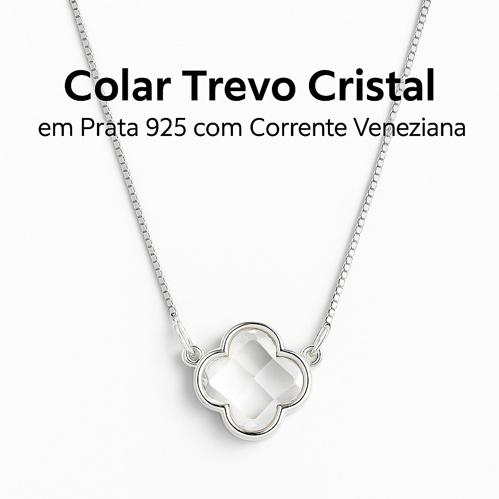 Colar Trevo Cristal Prata 925 Elegante e Sofisticado