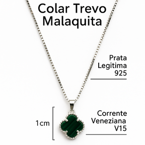 Colar Trevo Malaquita Prata 925 Legítima Elegante e Sofisticado