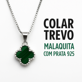Colar Trevo Malaquita Prata 925 Legítima Elegante e Sofisticado