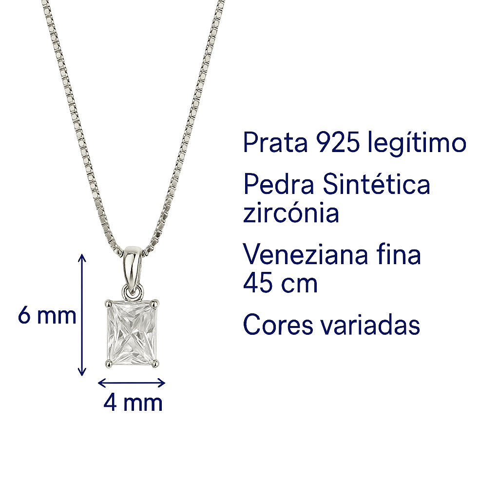 Colar Veneziana 45cm com Pedra Retangular – Prata 925 Legítima