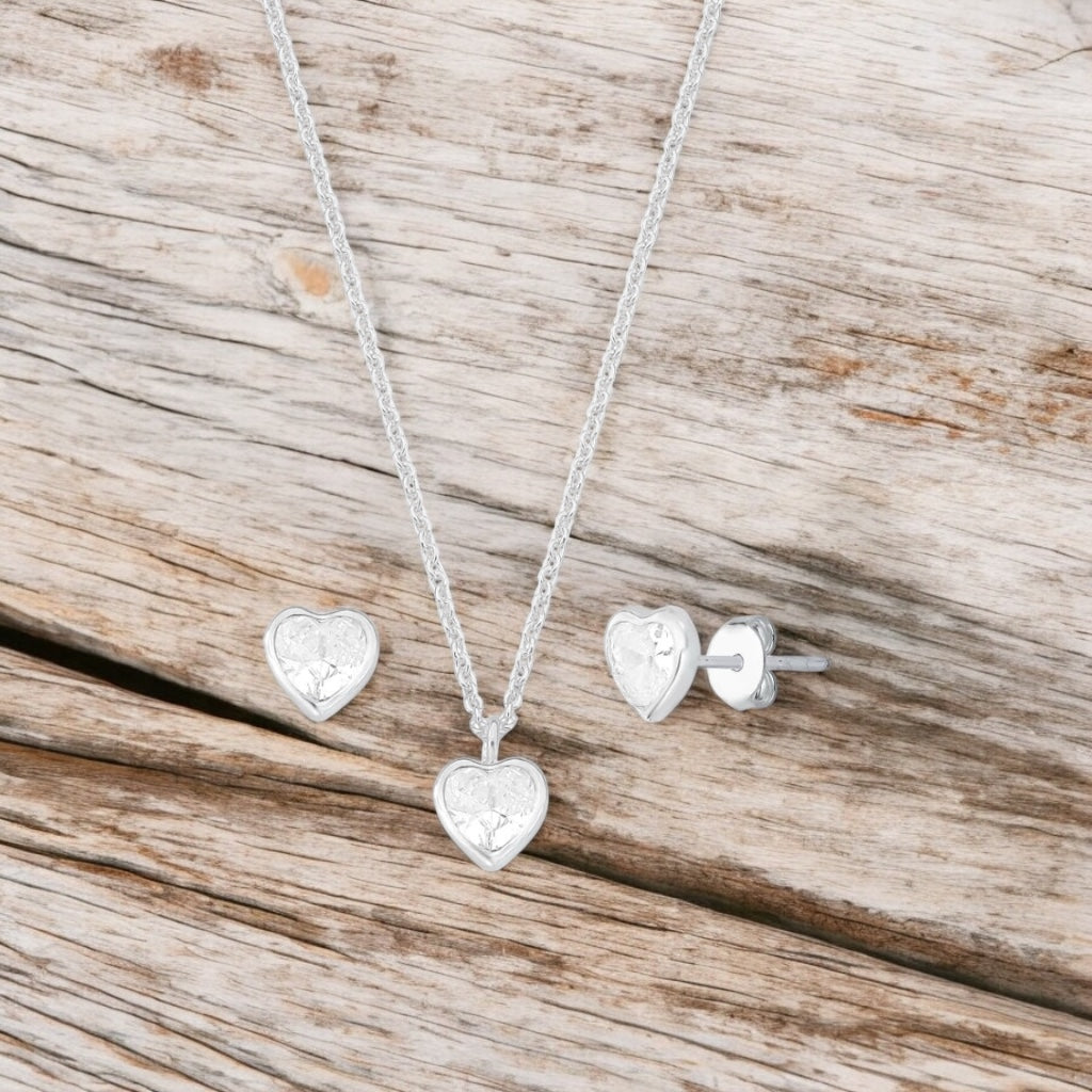 Conjunto Prata 925 com Coração Cristal - Gargantilha e Brincos