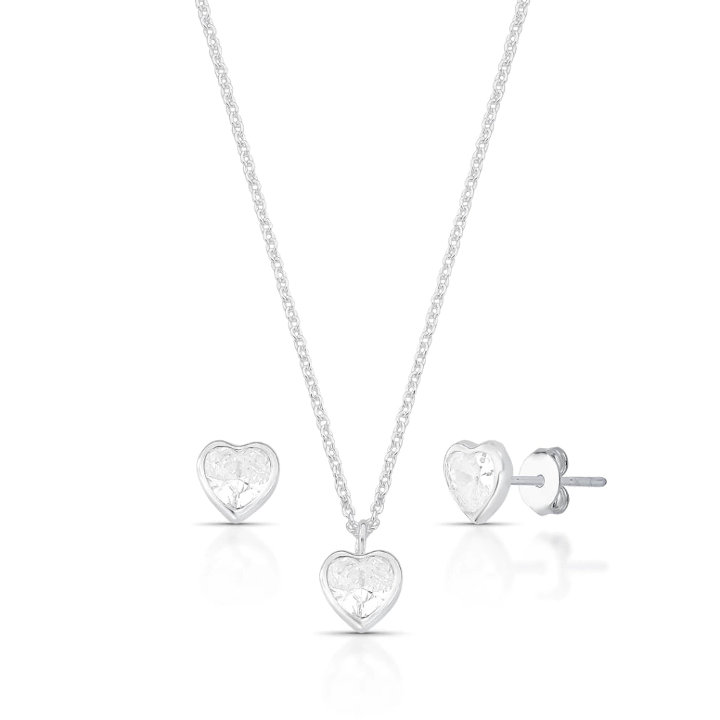 Conjunto Prata 925 com Coração Cristal - Gargantilha e Brincos