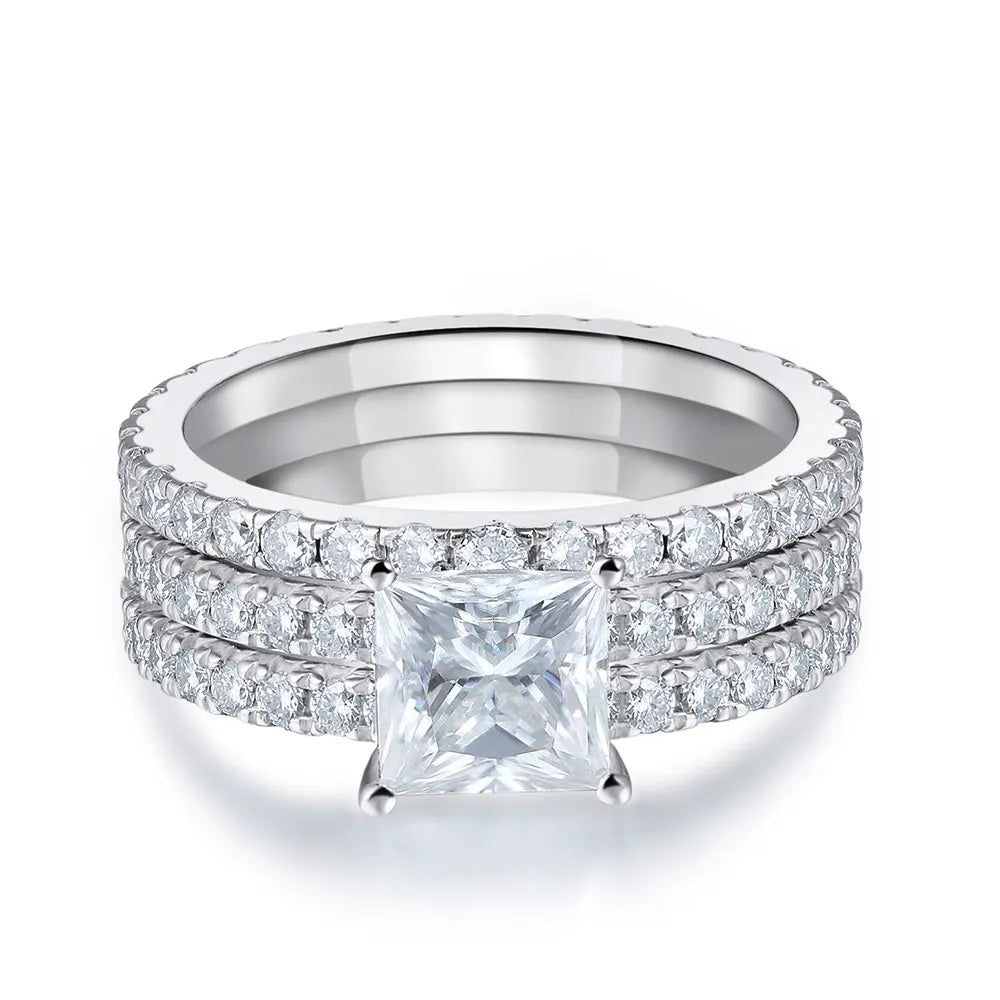 Conjunto de Anéis Moissanite Princess Glow em Prata 925 com Ouro Branco 18k