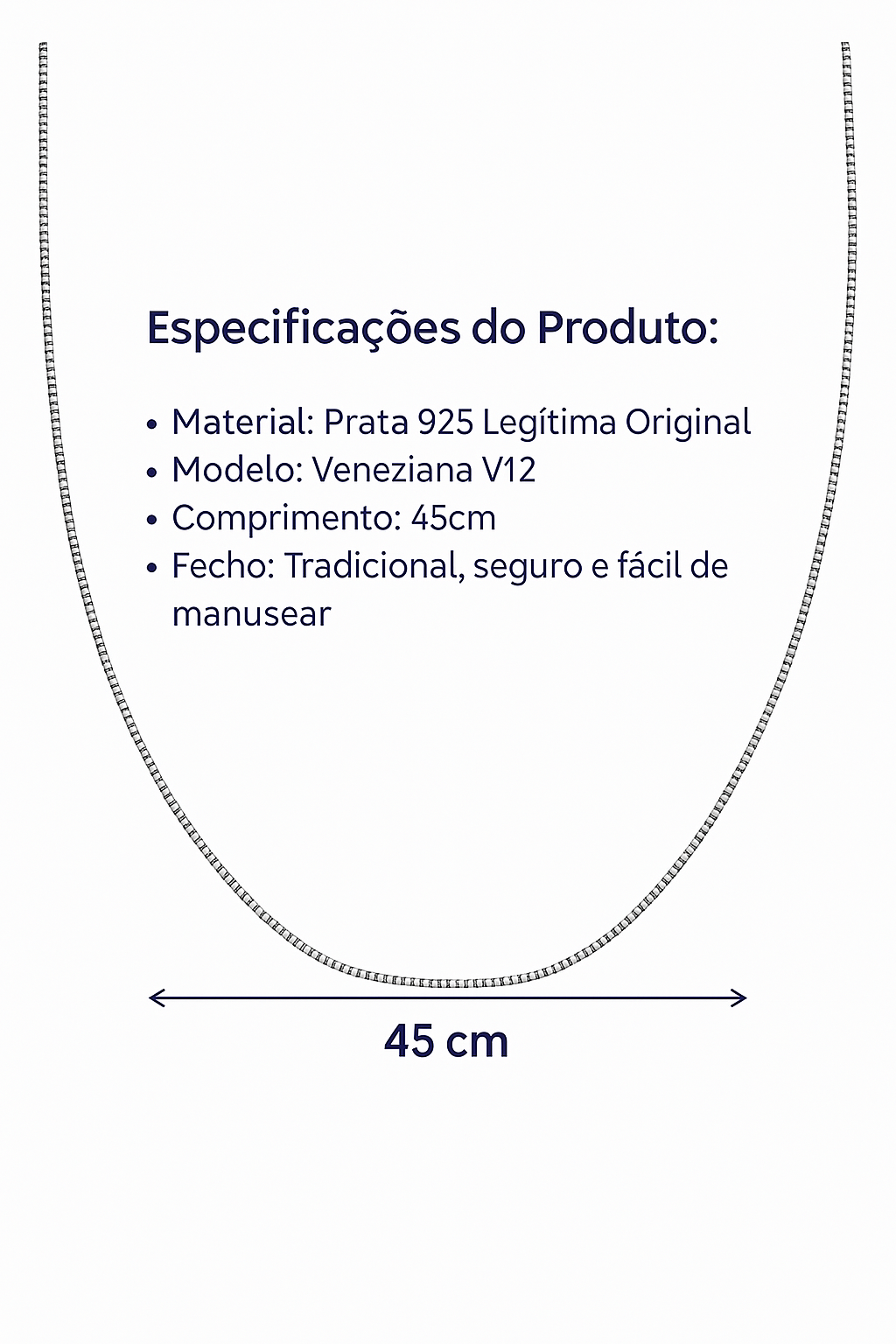 Corrente Veneziana Prata 925 V12 45cm Fina e Sofisticada