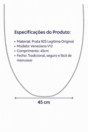 Corrente Veneziana Prata 925 V12 45cm Fina e Sofisticada