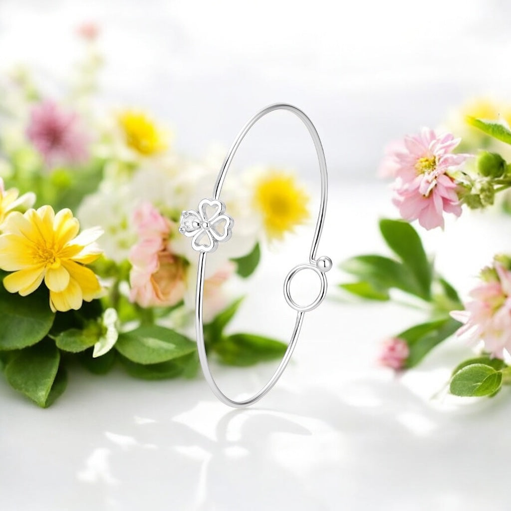 Bracelete Trevo Coração Zircônia 5x5 mm Prata 925 Delicado e Sofisticado