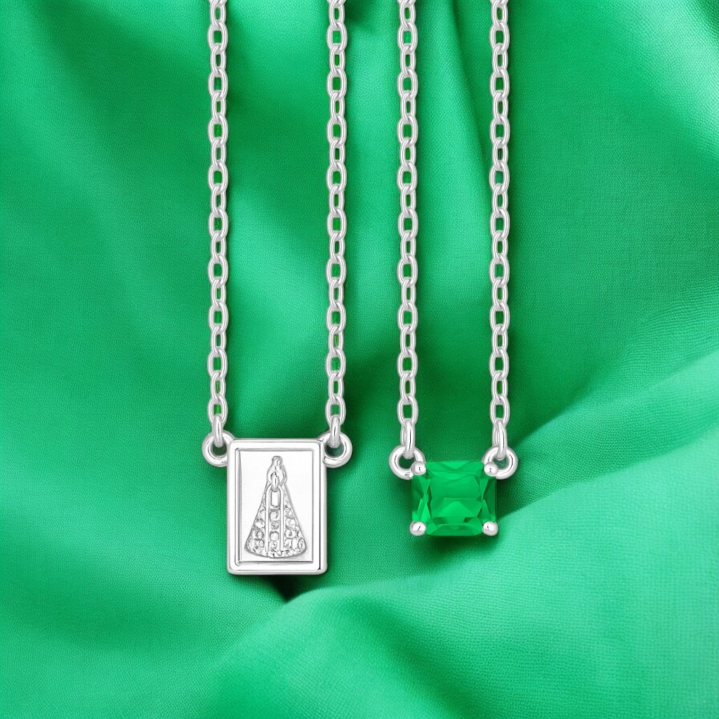Escapulário Nossa Senhora Ap Pedra Octogonal Esmeralda 5x7mm Prata 925