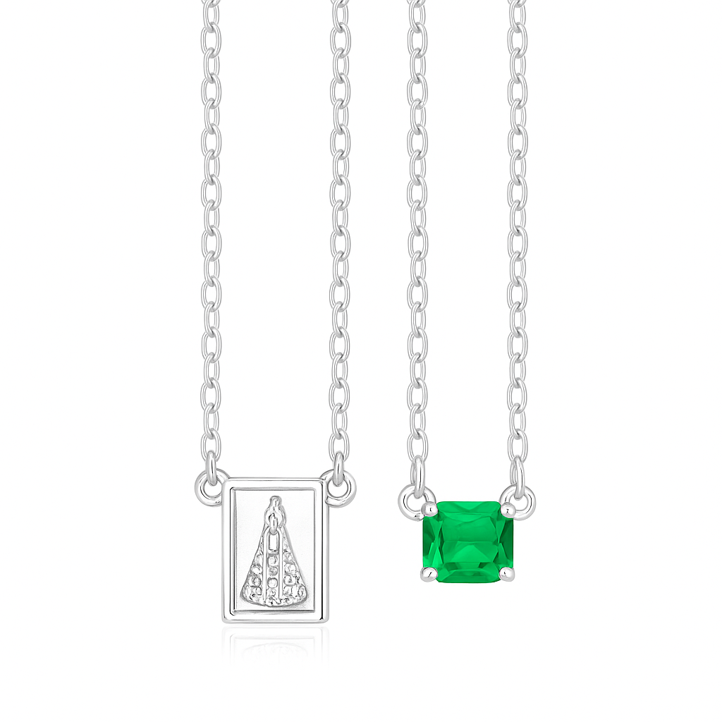 Escapulário Nossa Senhora Aparecida com Pedra Octogonal Esmeralda 5x7 mm – Prata 925