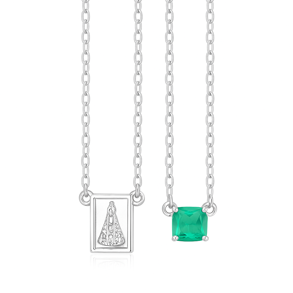 Escapulário Nossa Senhora Aparecida com Pedra Octogonal Turmalina 5x7mm – Prata 925
