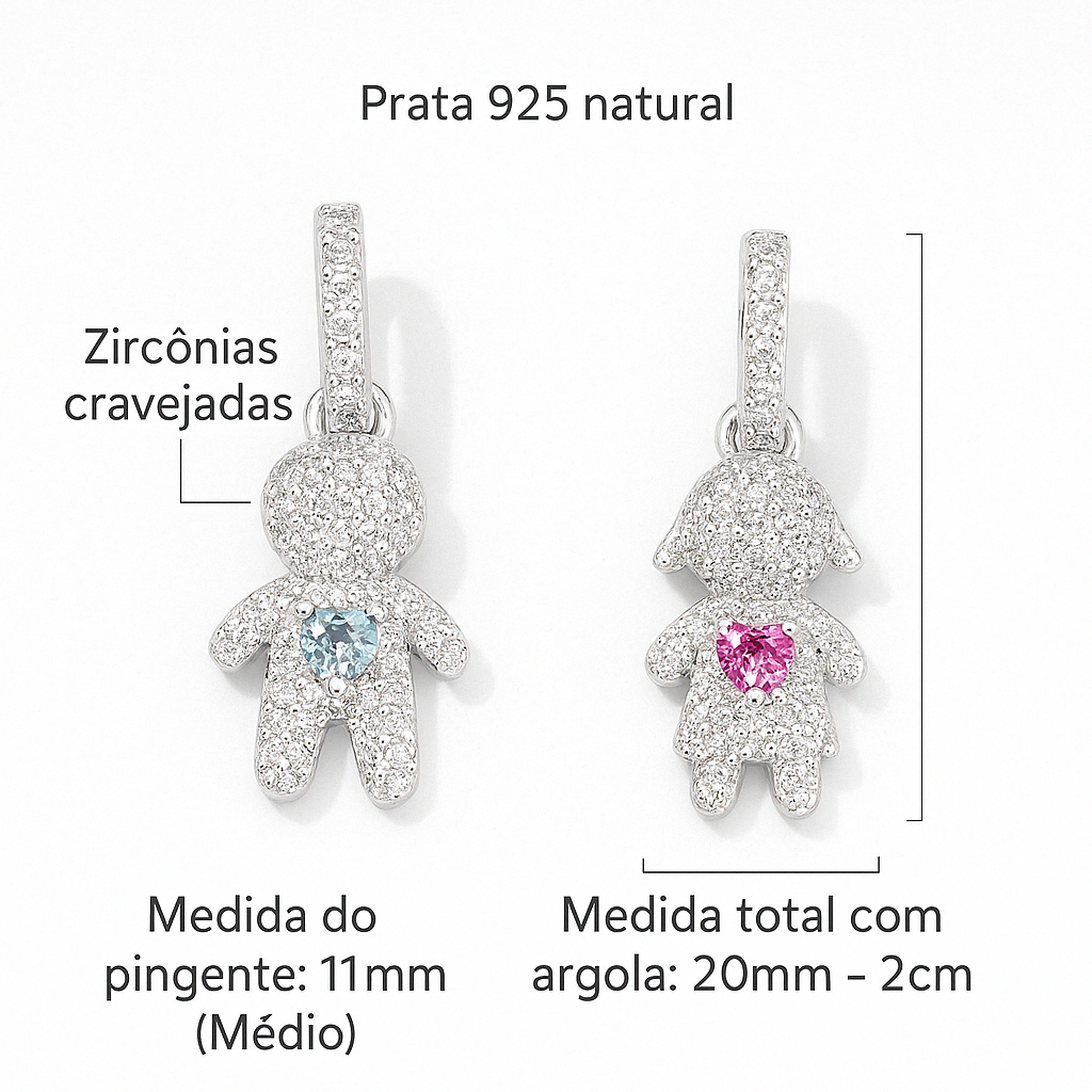 Pingente Menina ou Menino Cravejado Médio Prata 925