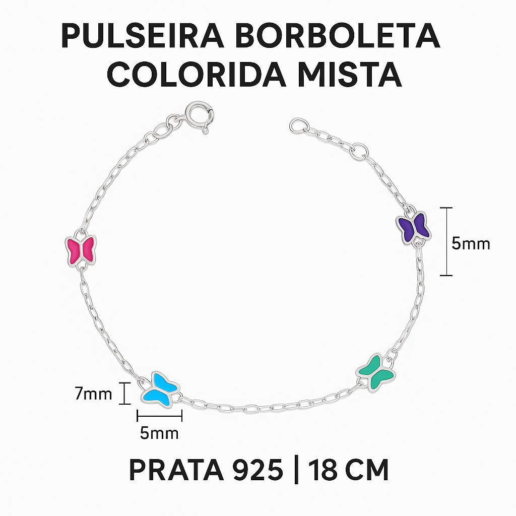 Pulseira Borboleta Colorida Mista de Prata 18cm
