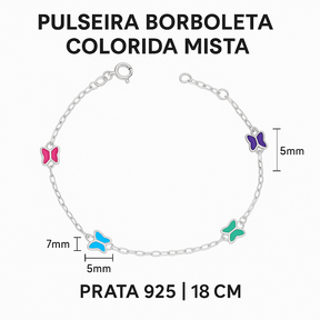 Pulseira Borboleta Colorida Mista de Prata 18cm