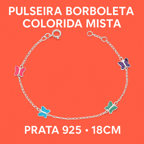 Pulseira Borboleta Colorida Mista de Prata 18cm