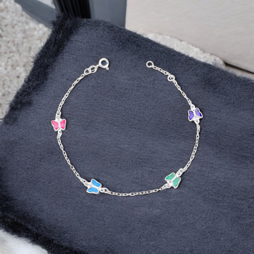 Pulseira Borboleta Colorida Mista de Prata 18cm