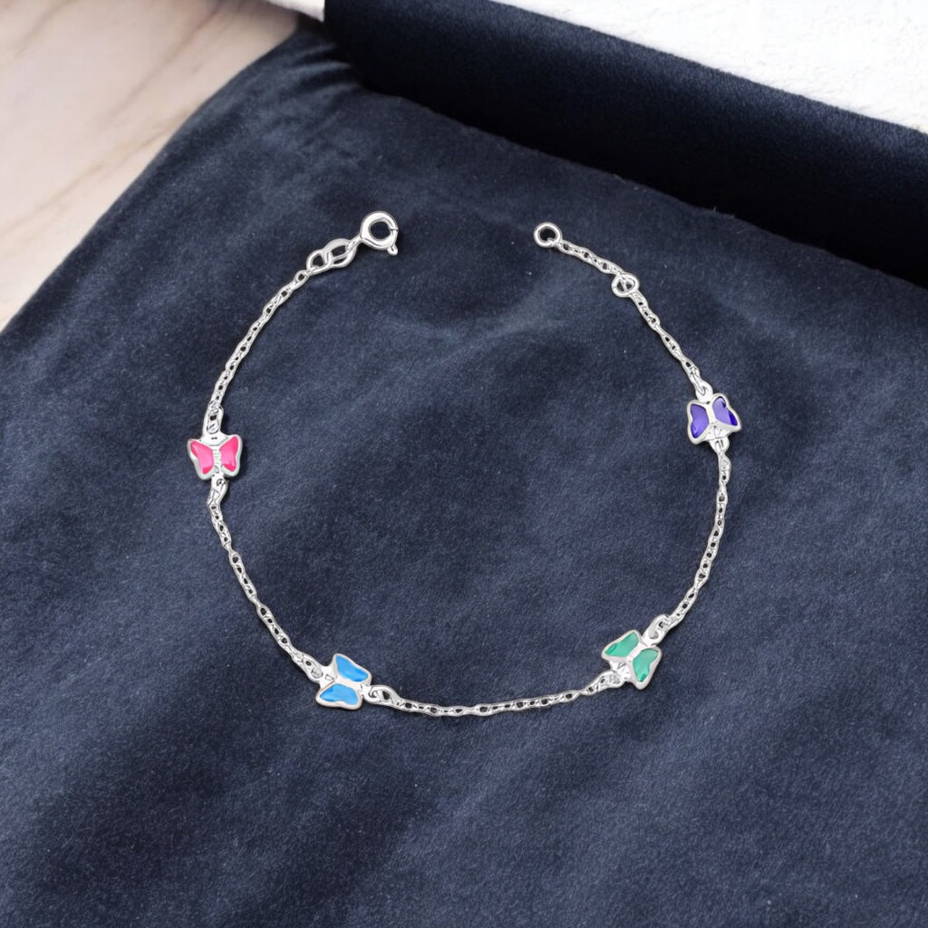 Pulseira Borboleta Colorida Mista de Prata 18cm