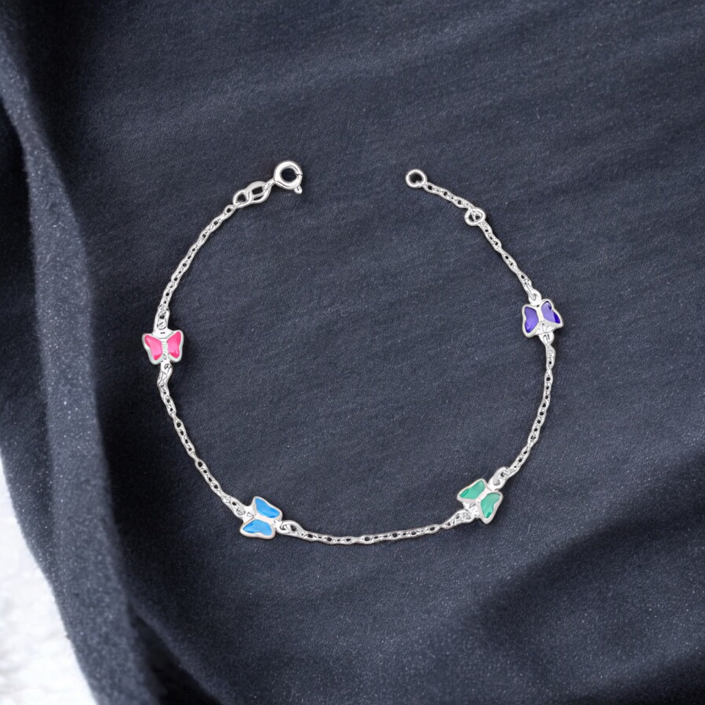Pulseira Borboleta Colorida Mista de Prata 18cm