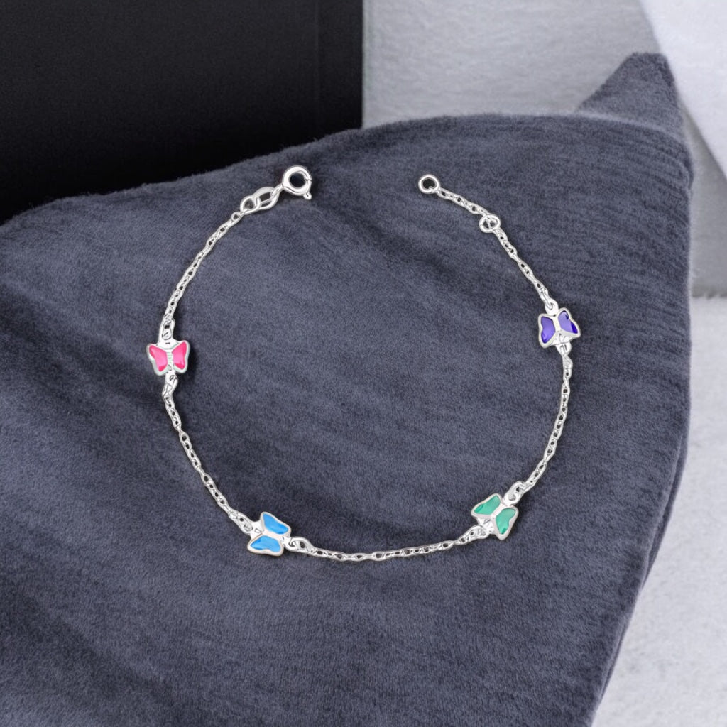 Pulseira Borboleta Colorida Mista de Prata 18cm