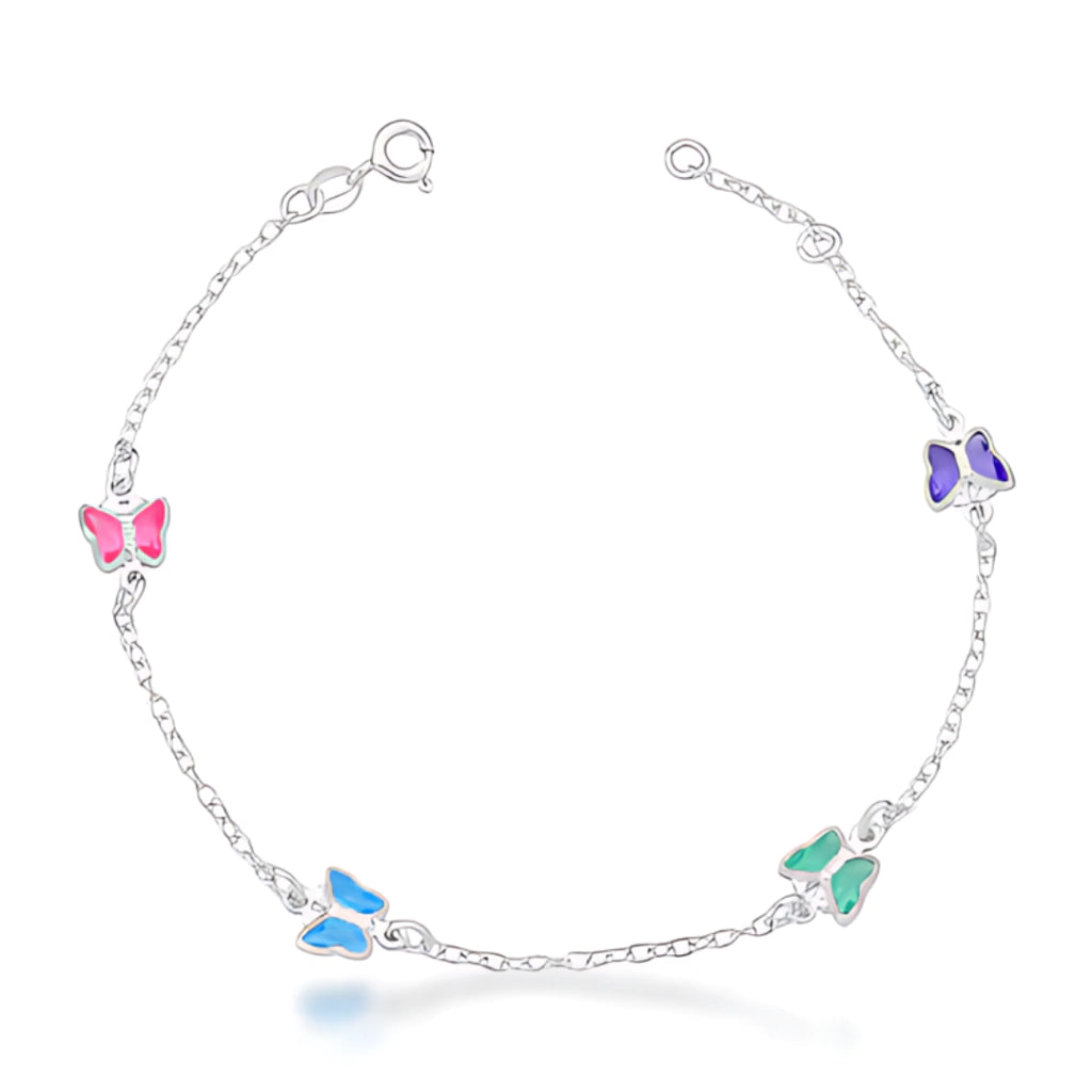 Pulseira Borboleta Colorida Mista de Prata 18cm