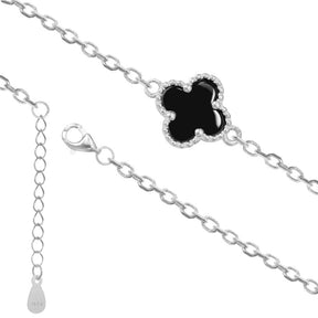 Pulseira Prata 925 Mini Trevo Ônix Delicada e Sofisticada