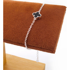 Pulseira Prata 925 Mini Trevo Ônix Delicada e Sofisticada
