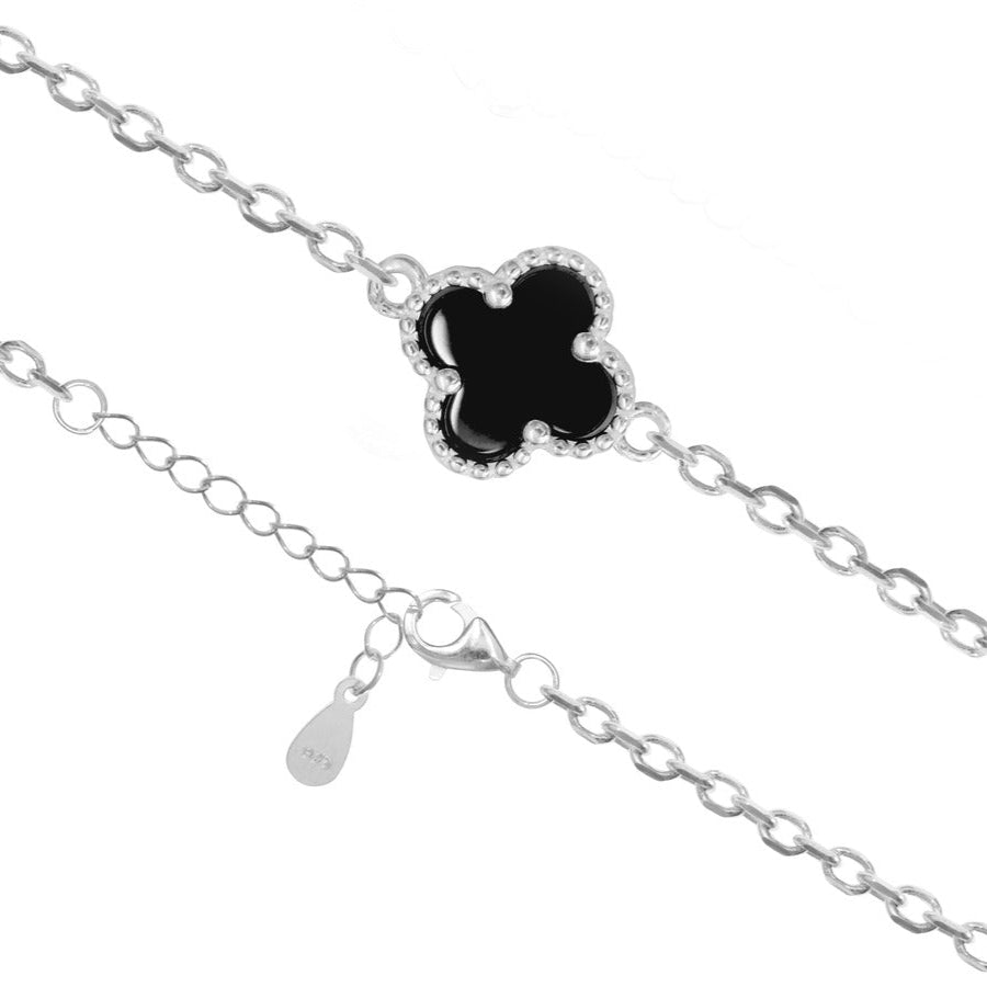 Pulseira Prata 925 Mini Trevo Ônix Delicada e Sofisticada