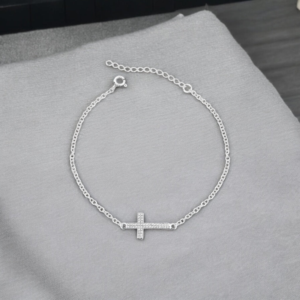 Pulseira Prata 925 com Cruz Cravejada Dupla Fileira