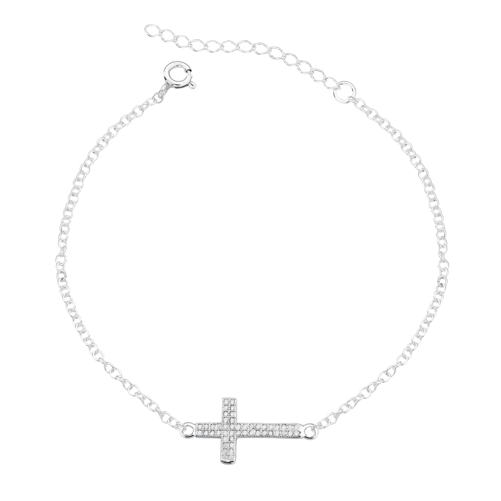 Pulseira Prata 925 com Cruz Cravejada Dupla Fileira