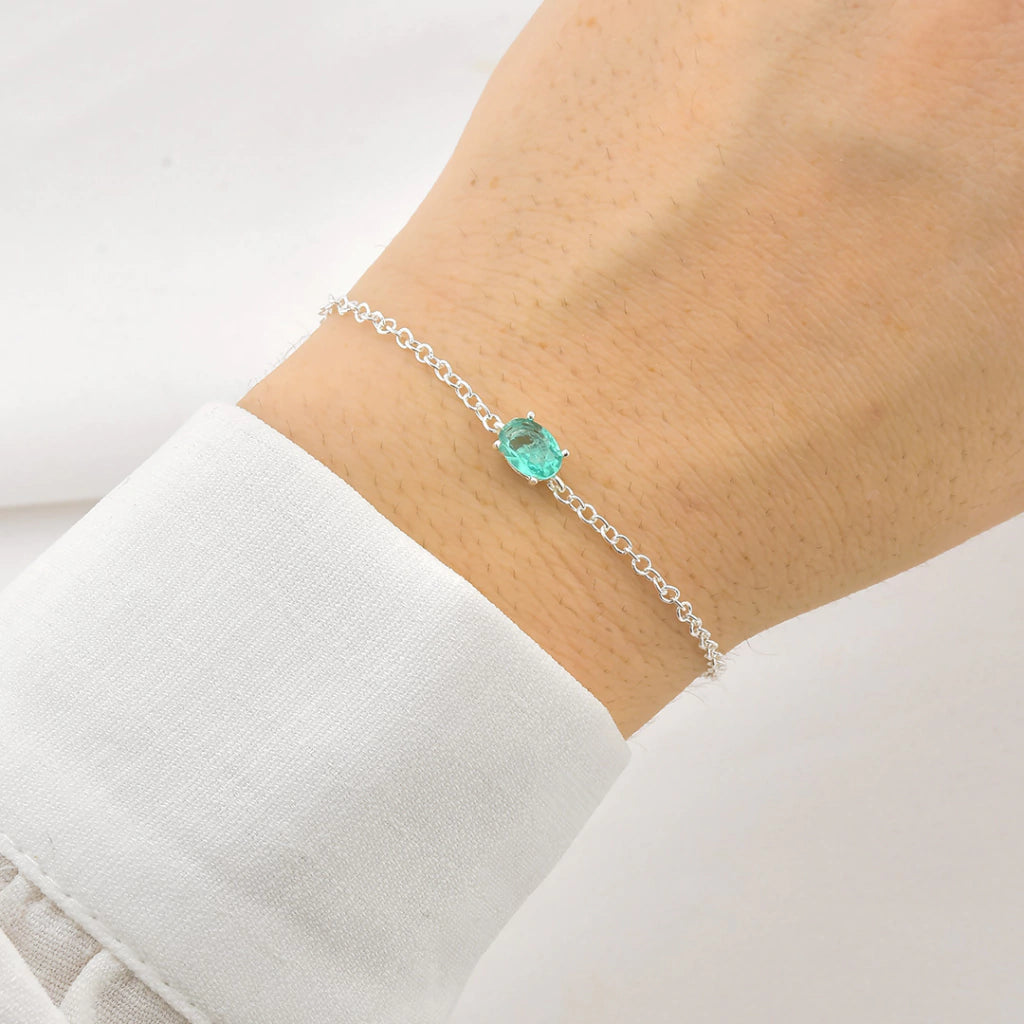Pulseira Prata 925 com Pedra Oval Turmalina Elegante