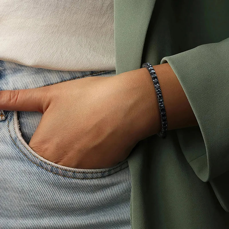Pulseira Tênis Riviera Zircônias Pretas Ródio Negro Prata 925